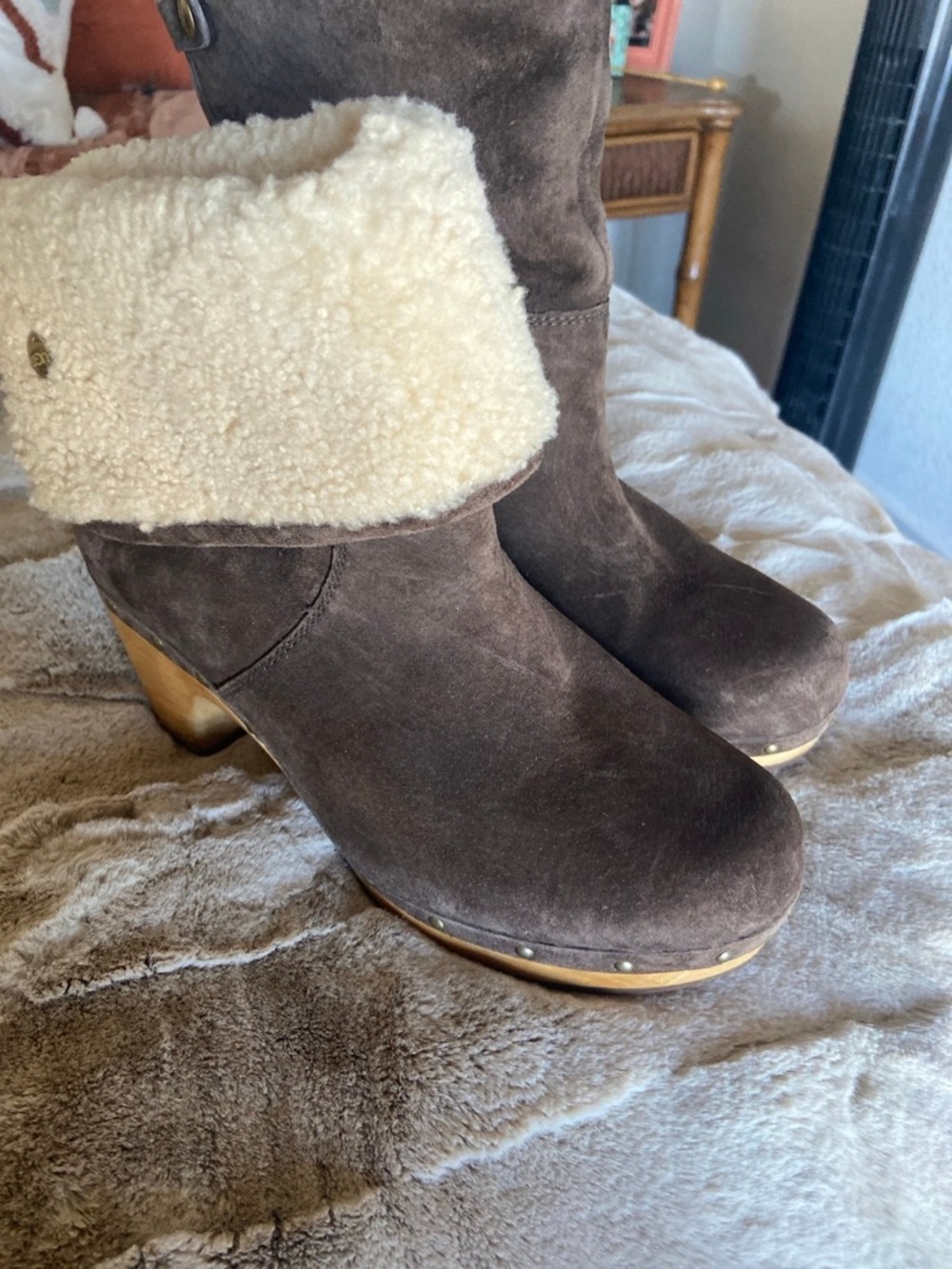 UGG Brown Suede Shearling Clog Ankle Boots